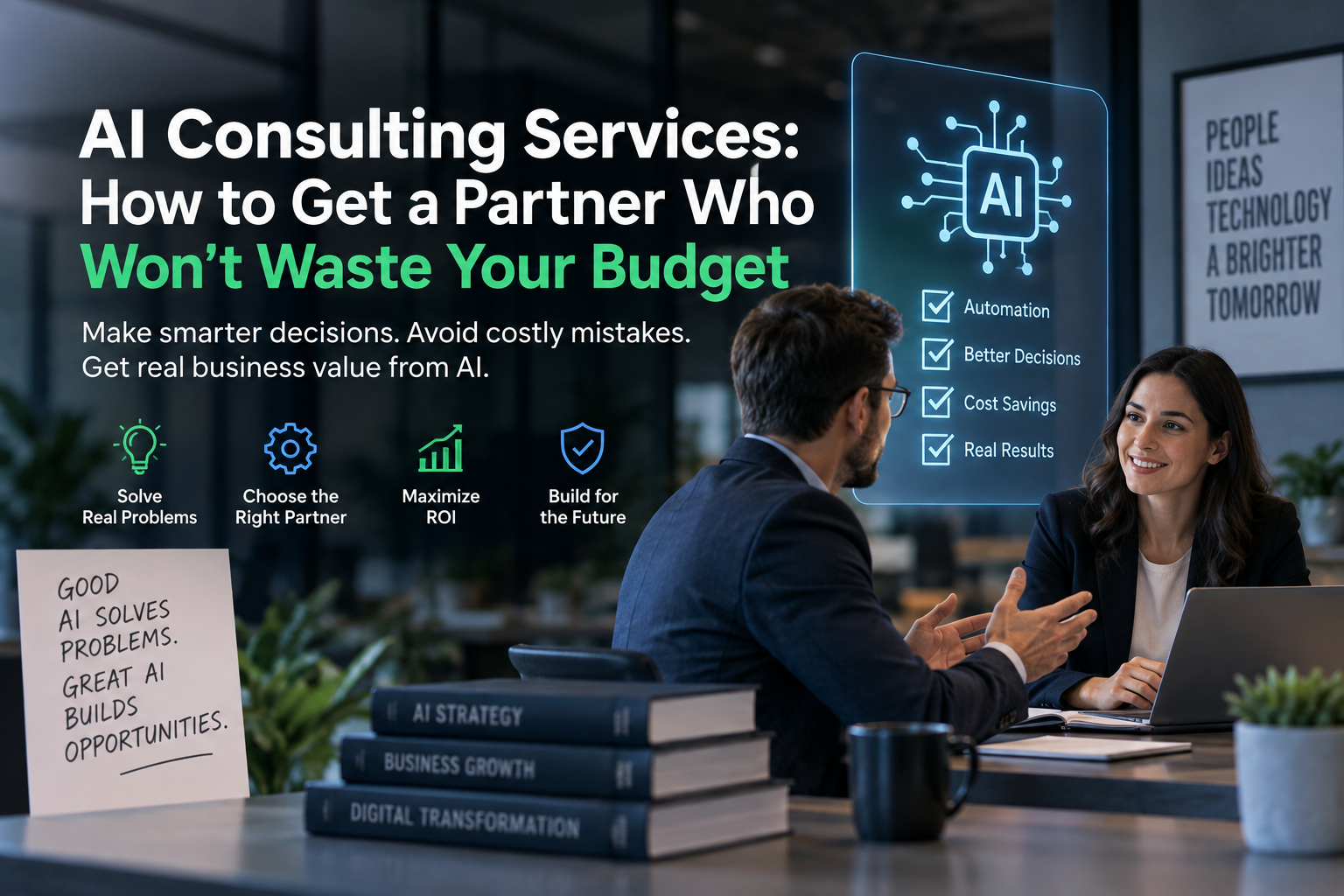 AI consulting professionals discussing business strategy with digital AI icons, automation, cost savings, ROI, and better decision-making.