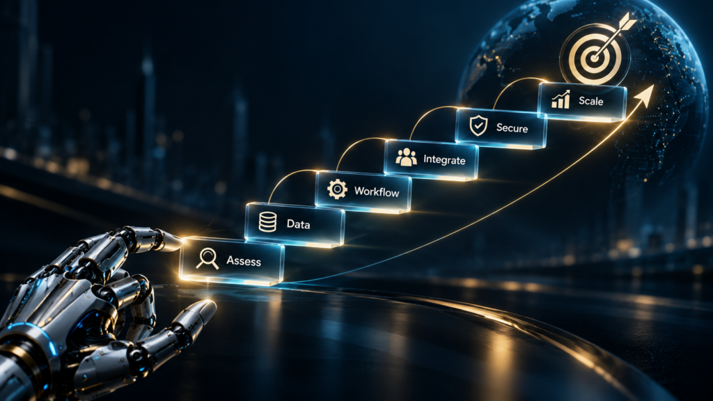 AI readiness pathway showing a robotic hand guiding steps from assessment and data to workflow integration, security, and business growth.