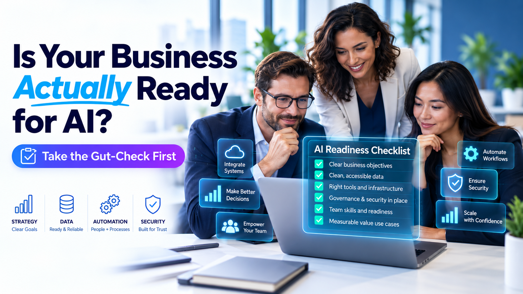 Business team reviewing an AI readiness checklist for strategy, data, automation, security, and measurable AI goals.