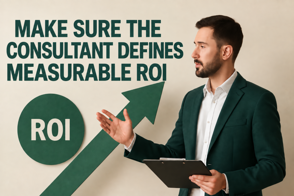 Measurable ROI consulting graphic showing a business consultant presenting growth strategy with an upward arrow and ROI symbol, highlighting the importance of defining clear return on investment.