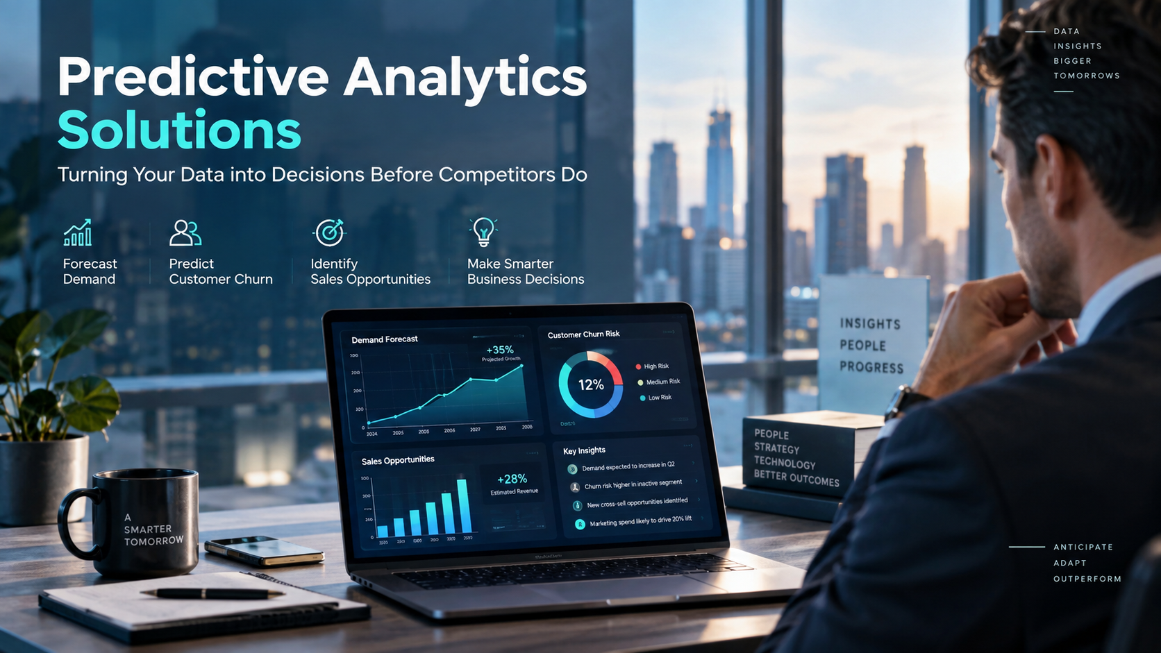 Business professional using predictive analytics dashboard to forecast demand, customer churn, sales opportunities, and smarter business decisions.